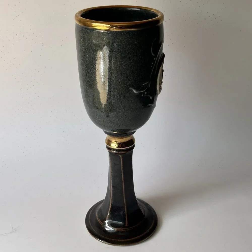 Art Pottery Chalice Goblet Celestial Nude Woman Sitting Crescent Moon Goddess